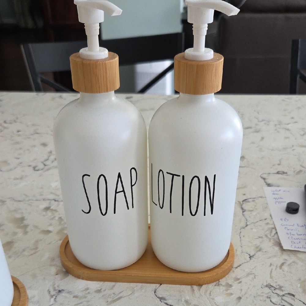 White Soap and Lotion Dispenser Glass Set Bamboo Tray